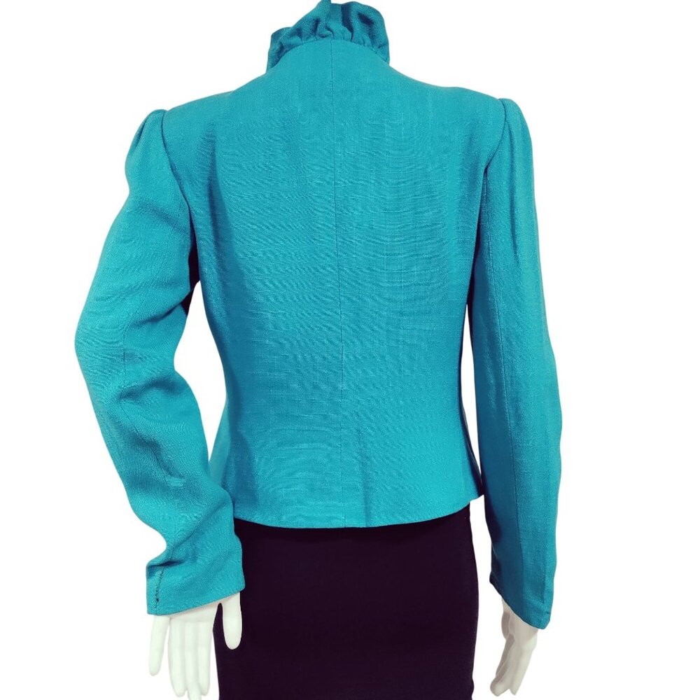 Cassidy Puff Sleeve Ruffle Twee Vintage 80s Tweed Office Blazer Turquoise US 8 - Picture 4 of 11